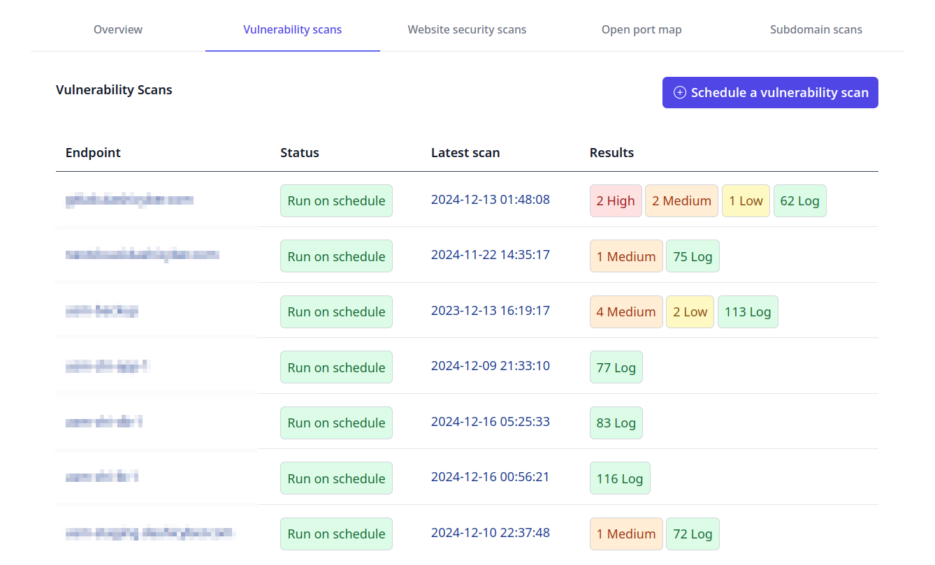 Vulnerability scan list screenshot